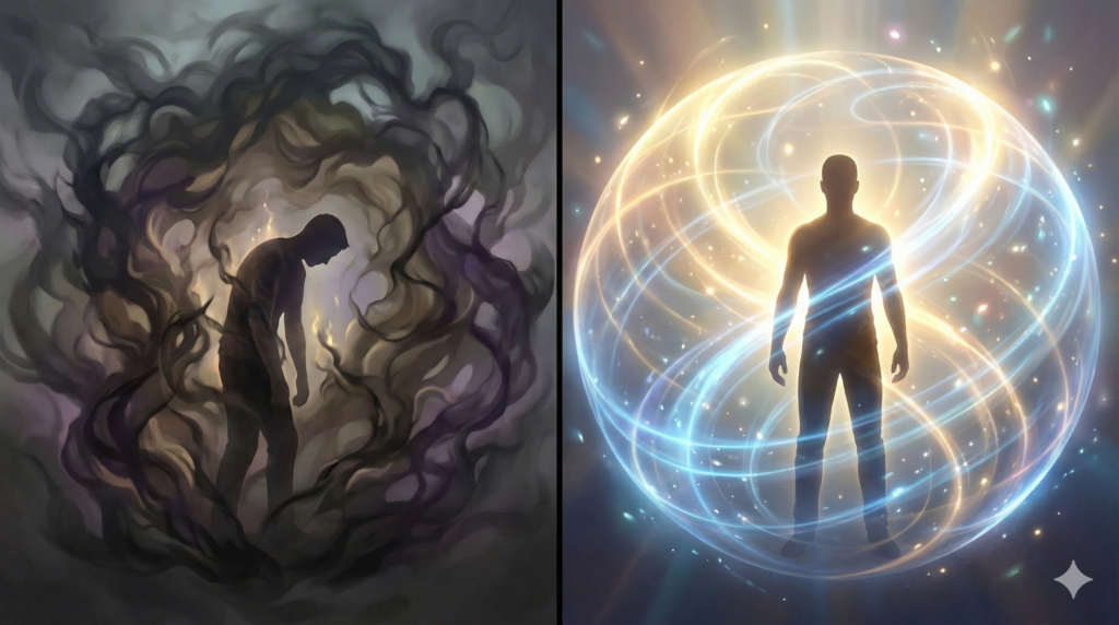 Ilustración comparativa de un aura bloqueada con miasmas frente a un aura limpia y radiante tras una limpieza energética.