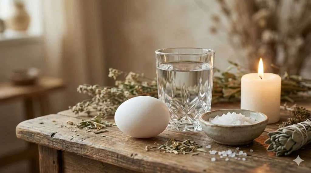 Materiales para limpieza con huevo: vaso de agua, sal y vela.